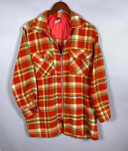 90s Flannel Zip Shirt Jacket Adult Medium Orange Plaid Grunge Palmetto's Shacket