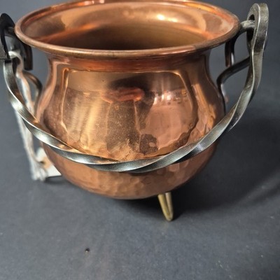 Small Vintage Hammered Copper Cauldron Handle brass Footed 