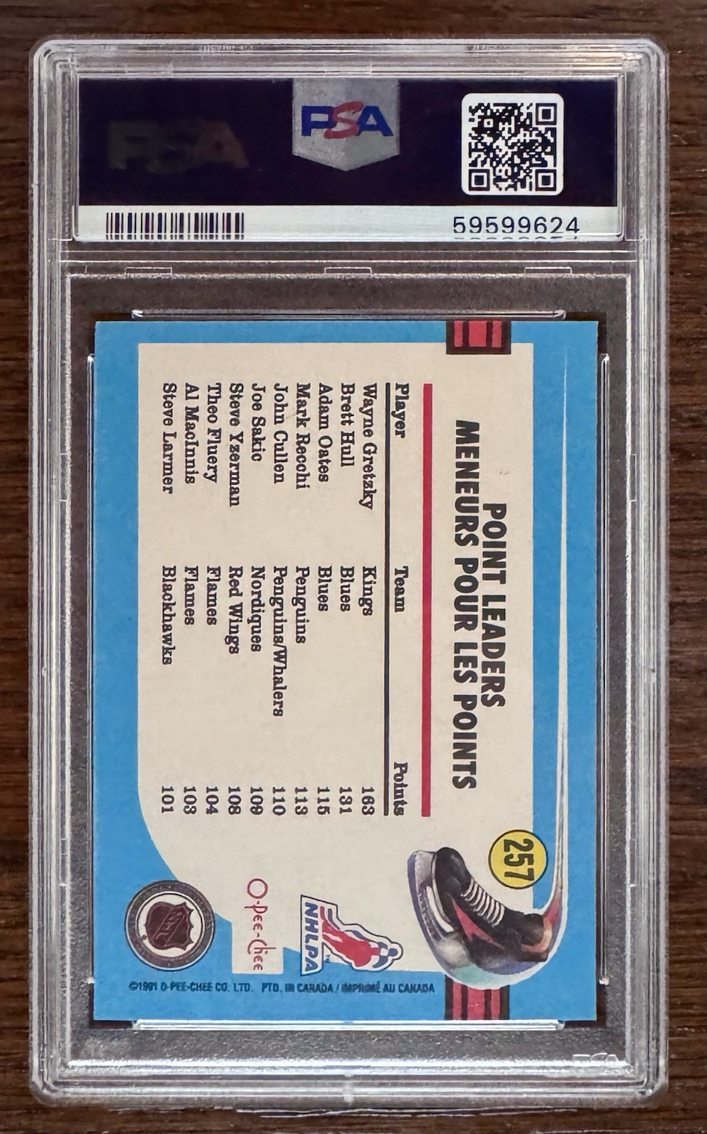 1991 O-PEE-CHEE OPC Wayne Gretzky League Leaders Points #257 PSA 9 MINT view 2