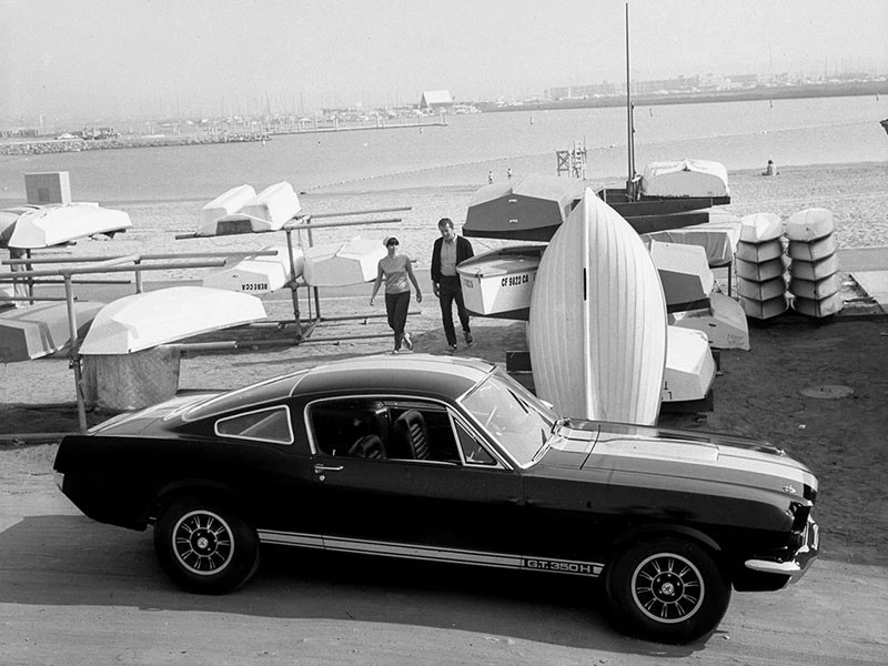 The original Shelby GT350H wore gold stripes that ran from the tip of the hood all the way back to the trunk lid, stripes above the rocker panels, and “G.T. 350 H” logos behind the front wheels.