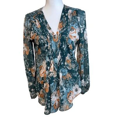 CALVIN KLEIN Dark Floral Green Long Sleeve Tunic Blouse Top Sz M Botanical