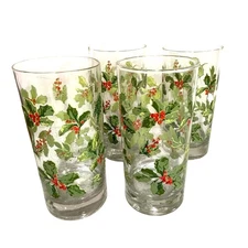 Vintage Libbey glass Christmas water highball glasses green & red holly set of 4