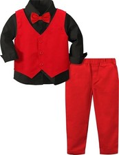 Infant Boys Red  Black 4 Pc Outfit Shirt Bowtie Vest Pants Size 12-18 Month
