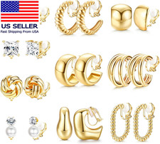 10 Pairs Clip on Earrings for Women Non Pierced Ears CZ Pearl Knot Twist Chunky