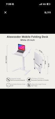 Alawooder 25'' Folding Rolling Desk Height Adjustable Laptop Table White Metal