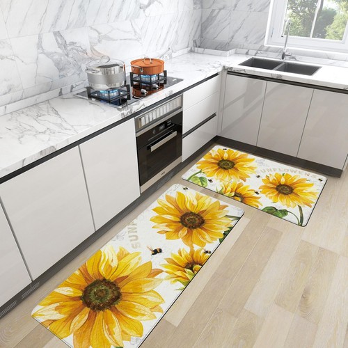 Vintage Yellow Sunflower Kitchen Rugs Mats Set of 2 Non-Slip Anti-Fatigue Kit...