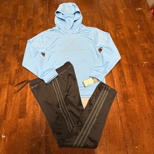 New Adidas Kids Sky Blue Hoodie  Preowned Black Track Pants Jogger Set M 10/12