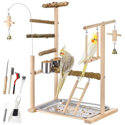 Natural Wood Parrot Playground Perch Stand with Feeder Cups, Tray, Ladder, Sw...