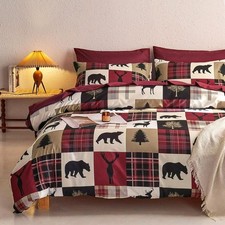 - Rustic Comforter Set, Cabin Christmas Lodge Western Country Bear Deer Moose Wo