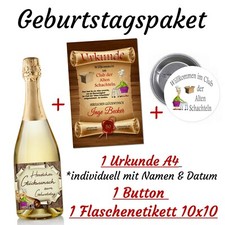 Karte Urkunde + Button + Flaschenetikett Geschenk Geburtstag Set Alte Schachtel