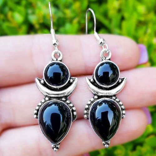 Boucles D’oreilles Pendantes Argent 925 Et Onyx Triangulaire 10mm Ref 57192