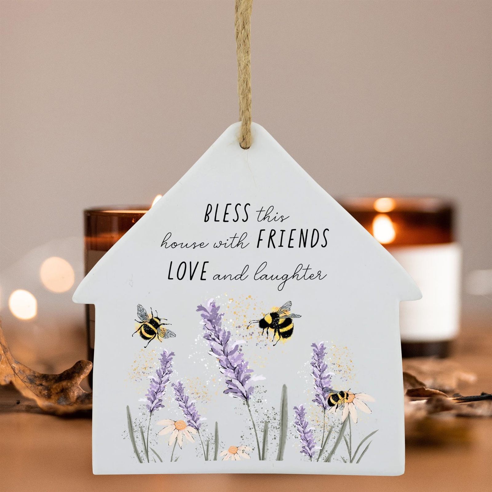 BLESS THIS HOUSE WATERCOLOUR EFFECT BUMBLE AND LAVENDER CERAMIC HOUSE