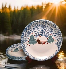 4 Tienshan Folk Craft CABIN IN THE SNOW Blue Dinner Plates 10.25"W