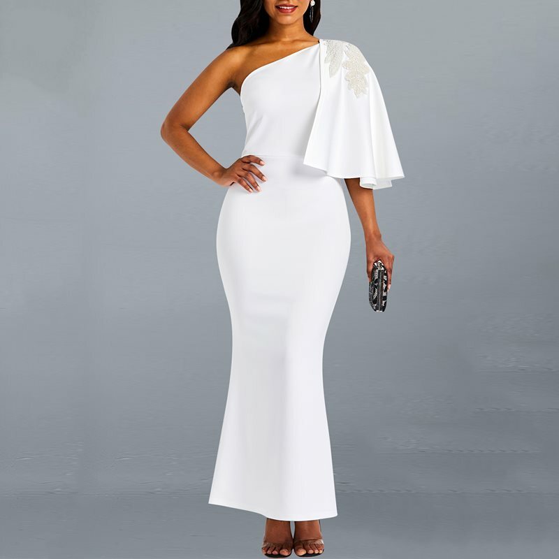 Plus Size One Shoulder Women Maxi White Bodycon Tight Party Fashion Long Dress Plus Size One Shoulder Women Maxi White Bodycon Tight Party Fashion Long Dress