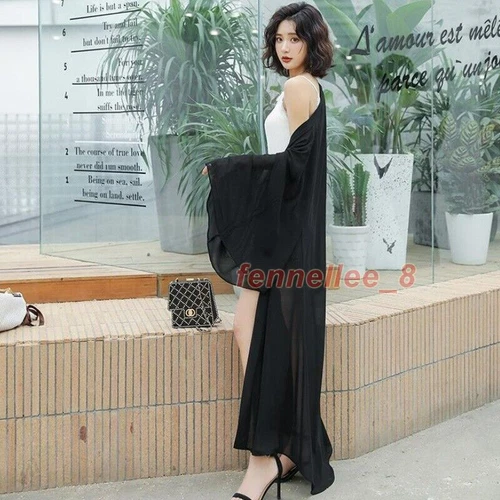 Damen Transparent Chiffon Kimono Lange Jacke Cardigan Schal Achselzucken Bolero Sommer Strand - Bild 7 von 25