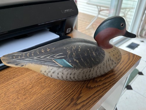 old painted wood duck decoy green winged teal as found in NJ 11 inch