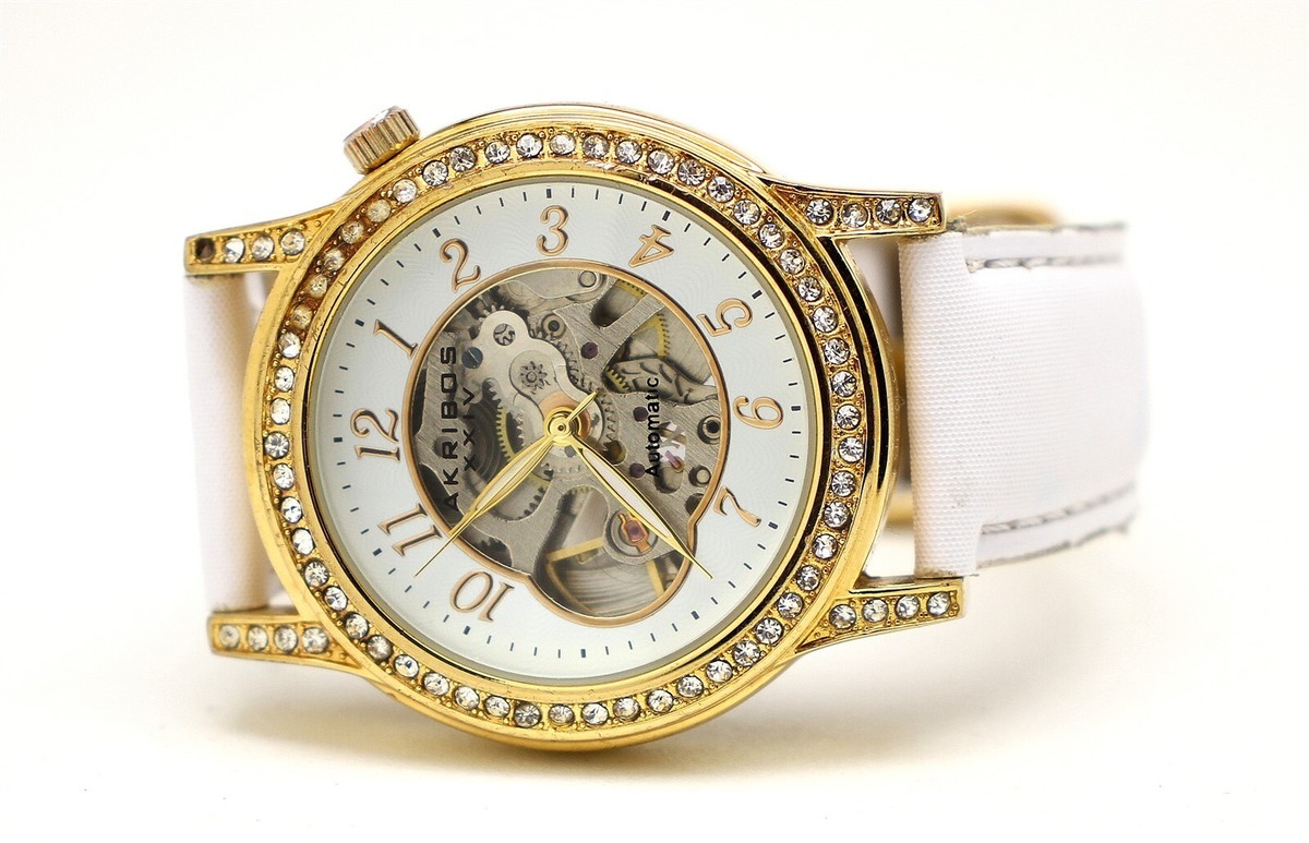 Akribos XXIV AK475WT Automatic Skeleton Pave Gold Tone Women's