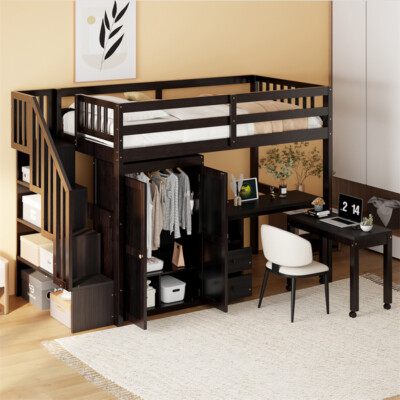 Twin Size Loft Bed w/Storage Stairs,Side Desk,2 Drawers,Wardrobe &Movable Table 