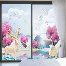 Privacy 3D Window Film Deer Peacock Pattern Static Cling Frosted Glass Sticker