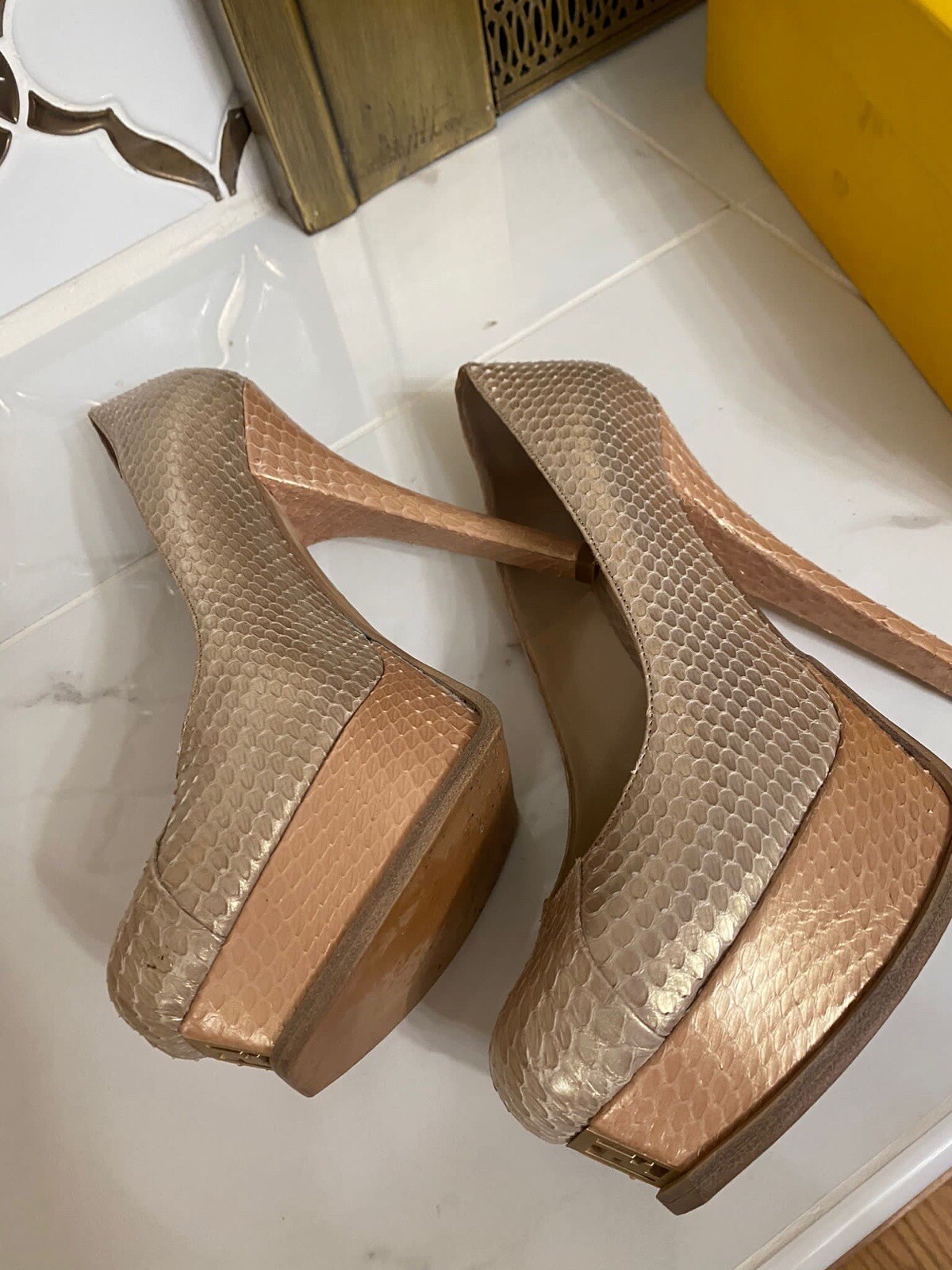 FENDI Beige Python Platform Gold Textured Snakesk… - image 6