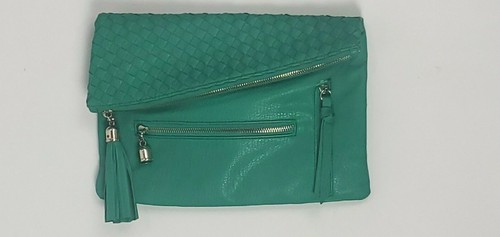 Green Clutch Purse Foldover Handbag Asymmetrical Envelope Tassel Bag - Picture 2 of 12