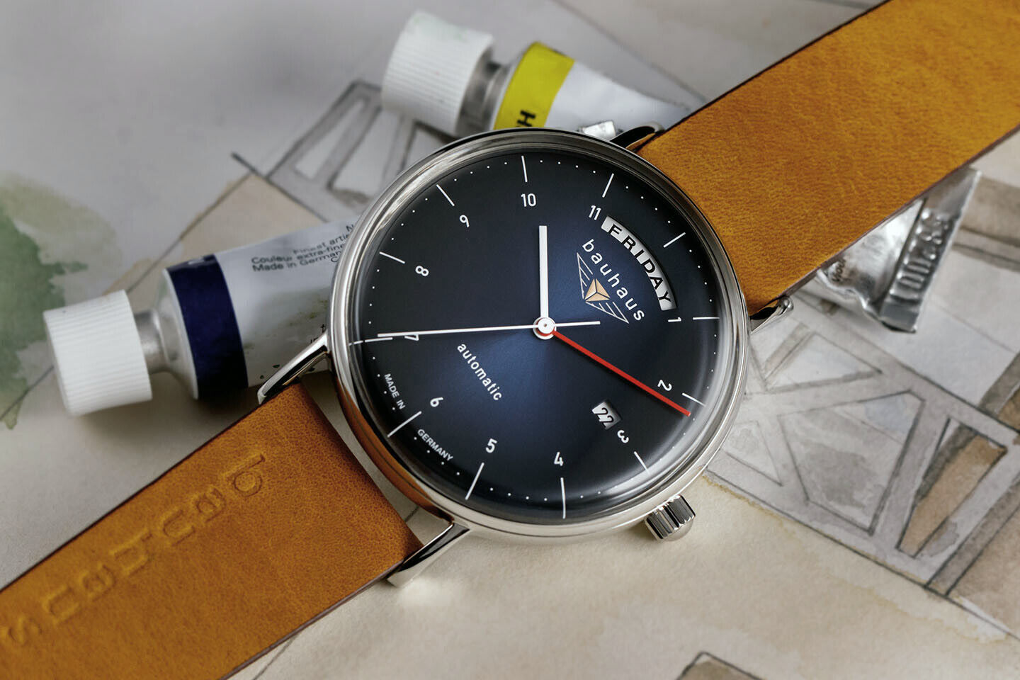 Angebot Bauhaus 2162-3 Men\'s Watch Glass | Band, eBay Date, Automatic, Day Blue, Leather Bottom