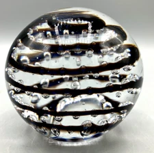 Handblown Crystal Paperweight Round Ball w/Bullicante Bubbles & Black Swirl