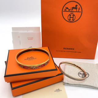 Auth Hermes Enamel Bangle PM CatOrange/Enamel Logo FI1224 Gray 2PCS W/B BA080228
