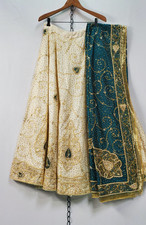 Sari Palace India Lehenga Set White Gold Teal Skirt Duppati Only All Silk Hand