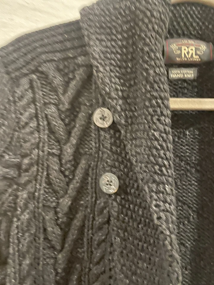 RRL Ralph Lauren 100% Algodón Tejido a Mano Chal Cuello Cárdigan Suéter Índigo NEGRO Foto 2 de 3