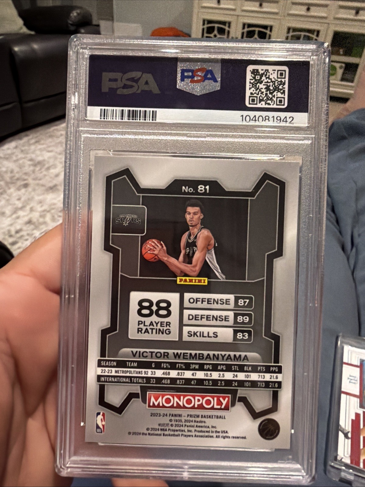 Panini 2023-24 Prizm Monopoly Victor Wembanyama Spurs Rookie Base #81 PSA 9 view 2