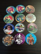 Vintage Pogs from the 90's. Mixed brands lot of 12. Slush Puppie, Nascar, Rohk 