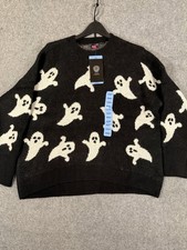 Suéter Vince Camuto AOP Ghosts Halloween Mujer L Negro Blanco Tejido Cuello Redondo Nuevo con Etiquetas