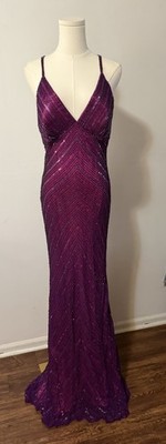 Scala purple Silk sequin formal low back Low Front Dress Size Large Vintage