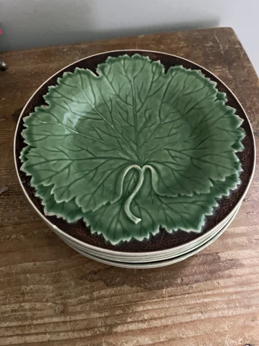 Bordallo Pinheiro Vtg Cabbage Plate Majolica Set Of 6 Salad Dishes Portugal 8”
