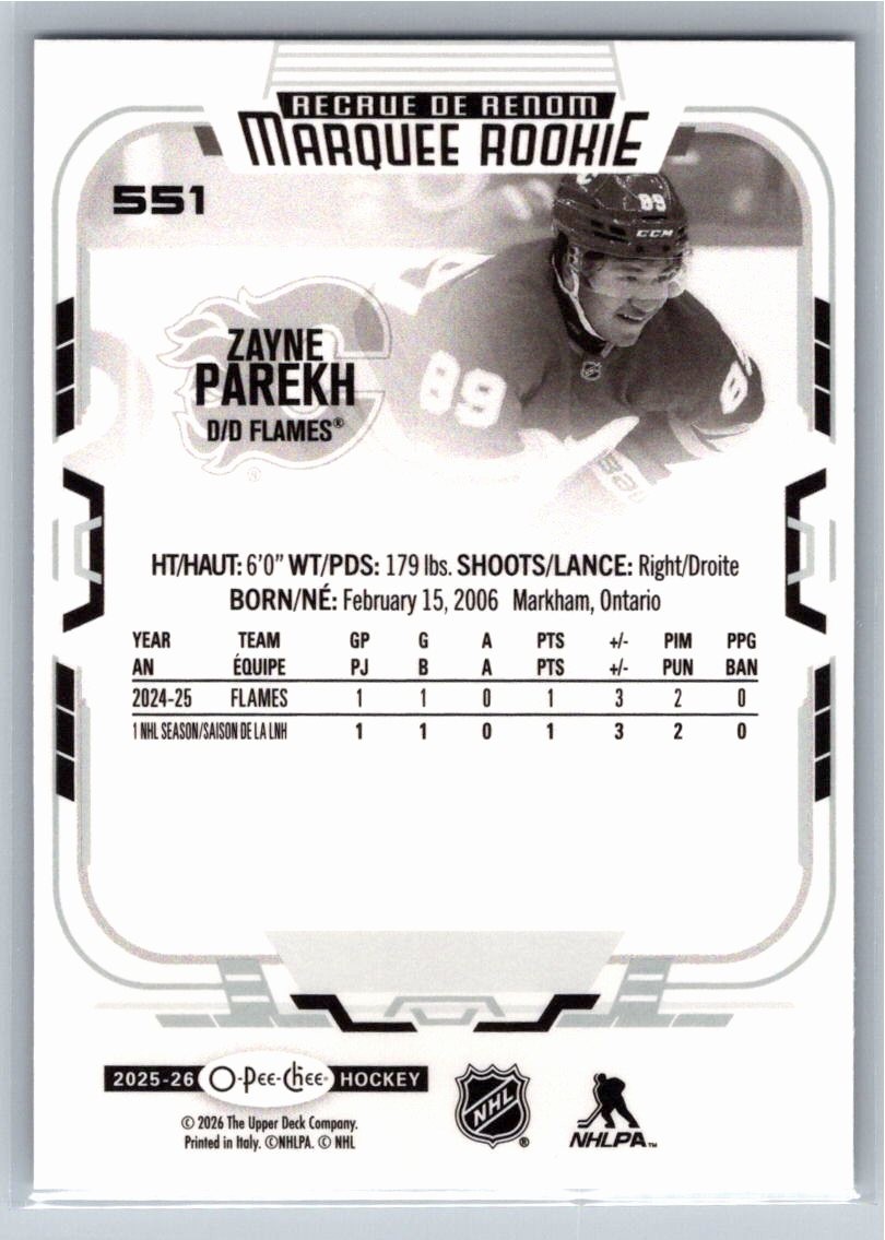 2025-26 O-Pee-Chee #551 Zayne Parekh Marquee Rookie Calgary Flames