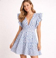 Oliphant Cross Back Mini Dress Blue White Print Ruffle Sleeves XS Boho Flutter