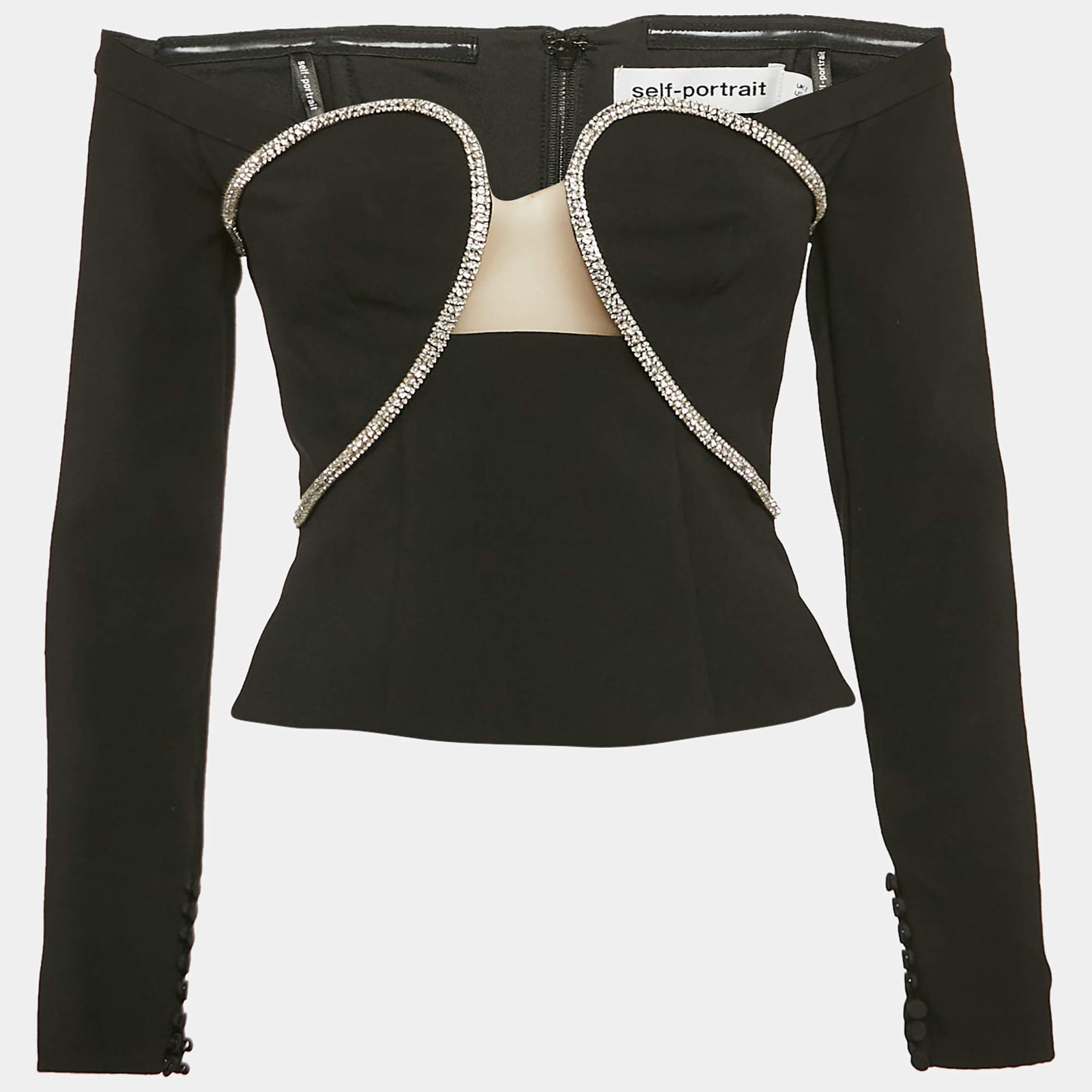 SelfPortrait Black Stud Embellished Crepe OffShoulder Top S