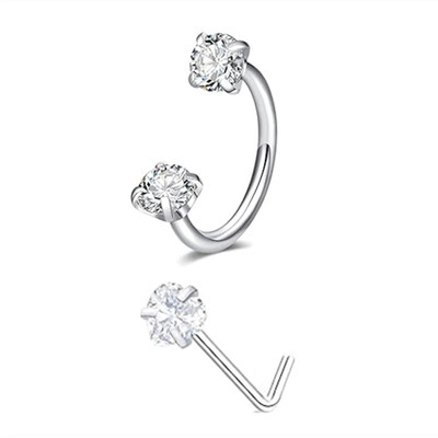 6/2Pcs Horseshoe Nose Rings with L-Shape Nose Stud, Stainless Steel Rianbow CZ N