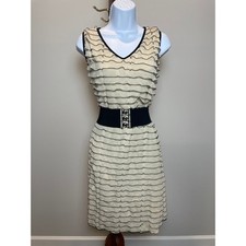Carole Little Dress Beige Black Trim Chiffon Fabric Mini USA Made Size M