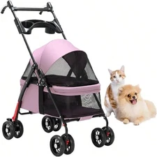 Pink 4-Wheel Pet Stroller, Foldable Dog Cat Cart with Cage, Storage Basket & Cup