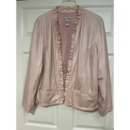 Chicos Open Front Ruffle Blazer Jacket Soft Pink Snake Print 3 XL 16 Lightweight