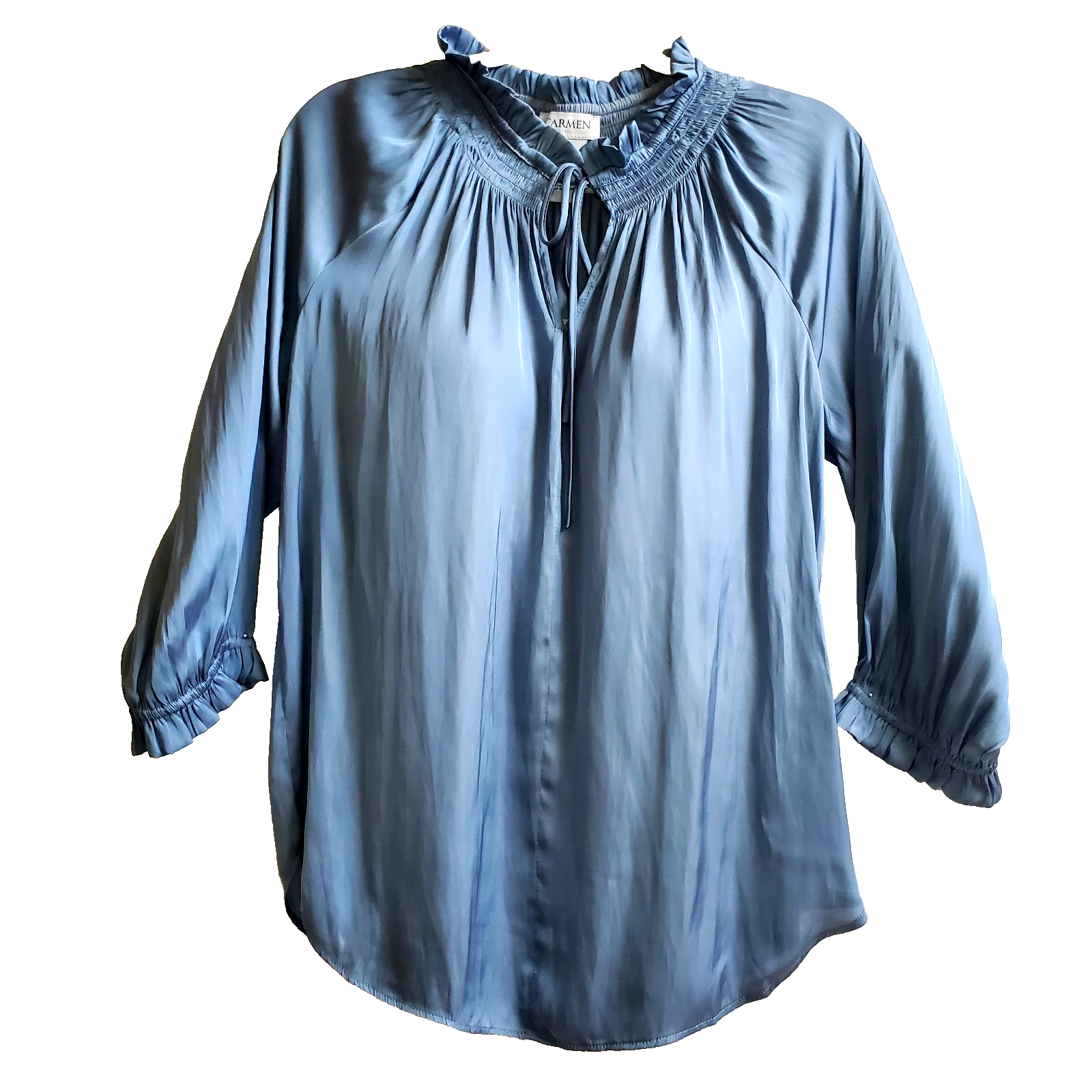 CARMEN Womens Portofino Top Medium Office Career Blue Long Sleeve V Neck Shirt