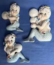 3 Pc Vintage TILSO Mermaid Set w/ Bubbles / Pearls  - Blue - Norcrest, Kitsch,
