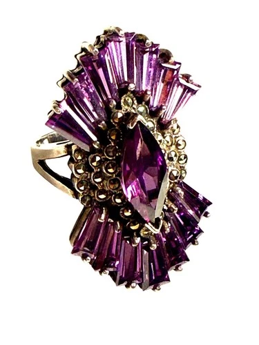VTG Ring Art Deco 925 Sterling Silver With Amethyst & Marcasite Gemstones Size 9