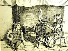 Spinning Wool YOUNG BOY & GIRL FRONT of FIREPLACE 1889 CHILDREN Art Print Matted