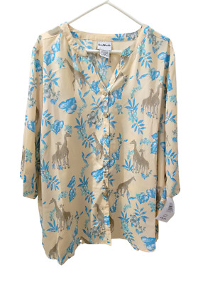 BonWorth Button Up Blouse Blue Gray Giraffes Chiffon Long Slv Womens XL Petite
