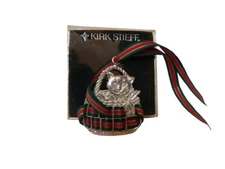 VINTAGE Kirk Stieff Pewter Christmas Ornament Cat Kitten In Basket w/ Ribbon 3"