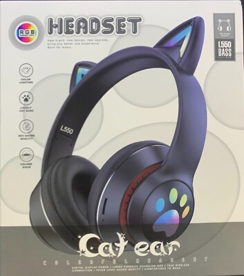 Wireless L550 BASS Cat Ear Blue LED Light UP Foldable Headphones w/Microphone