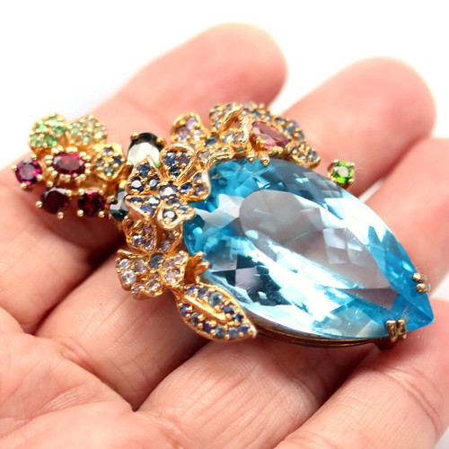 925 Plata Topacio Azul Cielo, Zafiro, Rodolita, Tanzanita, Tsavorite Broche / - Imagen 2 de 4